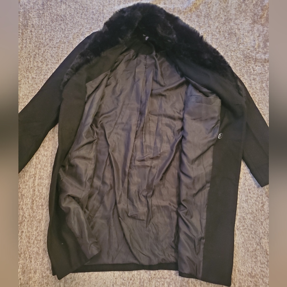boohooMAN Double Breasted Wool Overcoat With Faux Fur Trim In Black - Picture 6 of 8